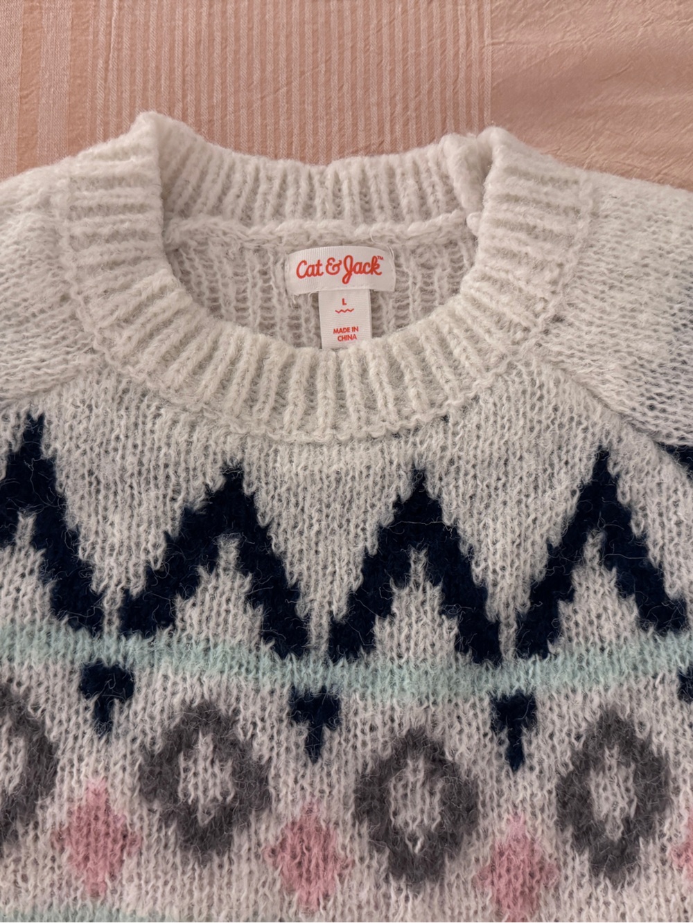 Cat & Jack White Fair Isle Knit Sweater with Navy, Gray and Pink Accents